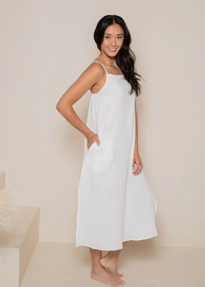 Crinkled Cotton Gauze Maxi Dress - White