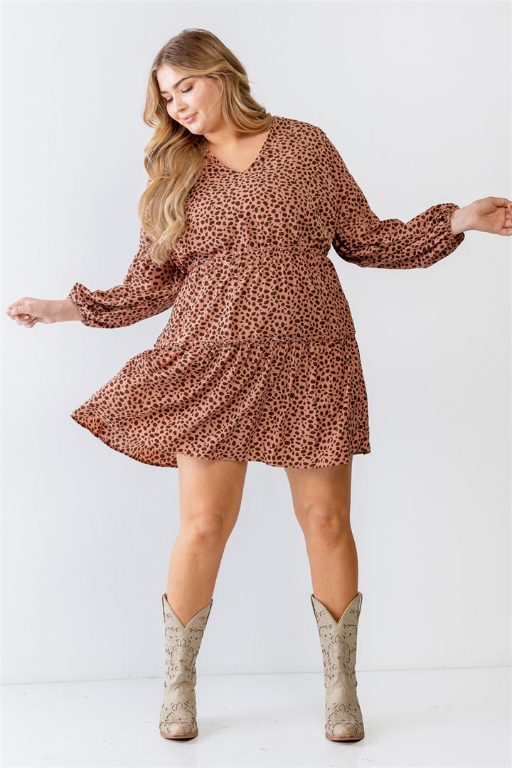 Leopard Print V-Neck Flare Hem Mini Dress