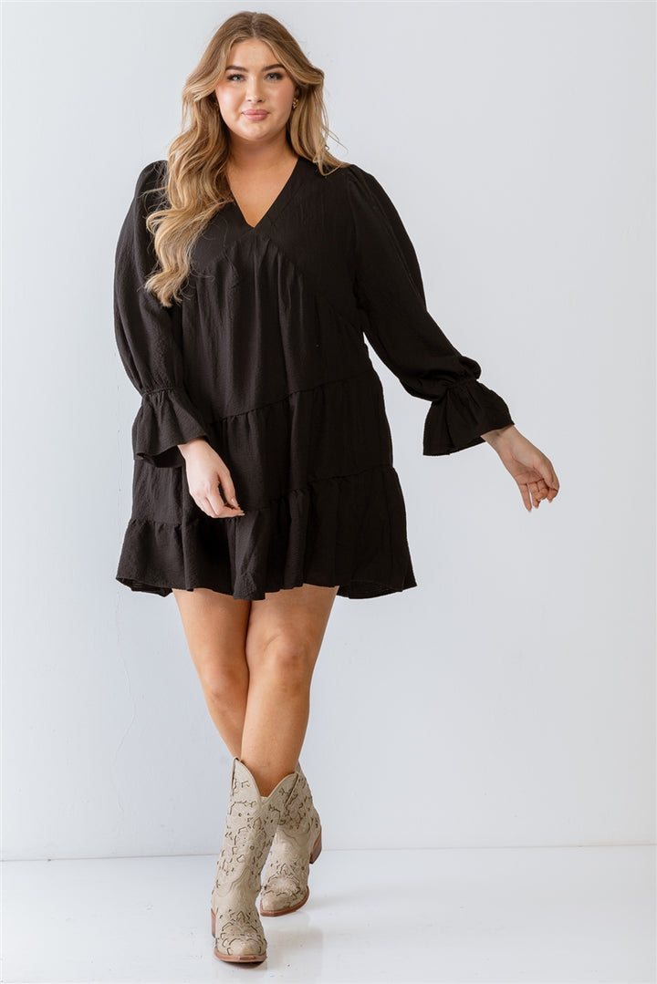 Black Textured Flare Hem Long Sleeve Mini Dress - Size 2 X
