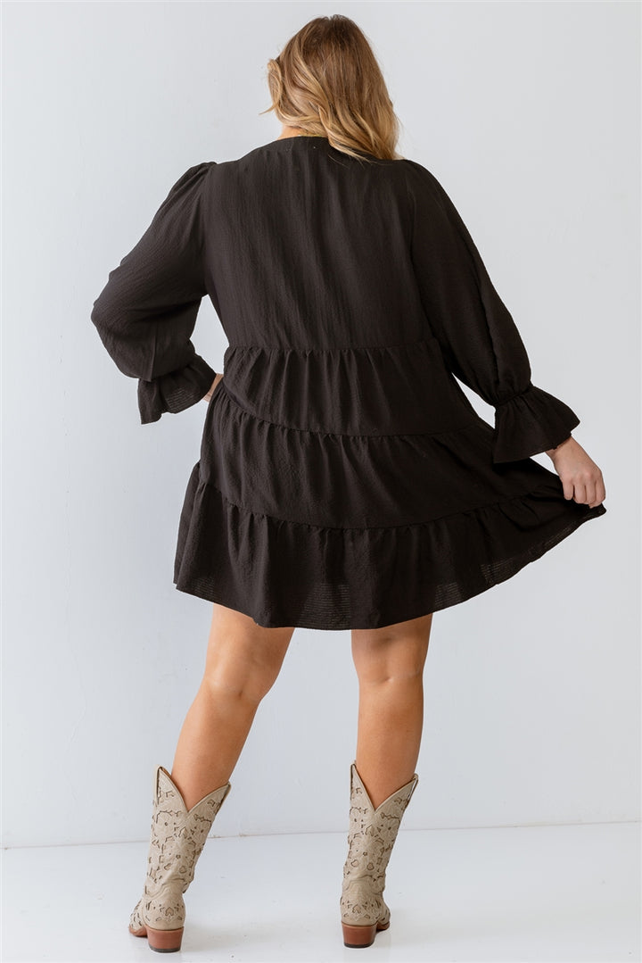 Black Textured Flare Hem Long Sleeve Mini Dress - Size 2 X