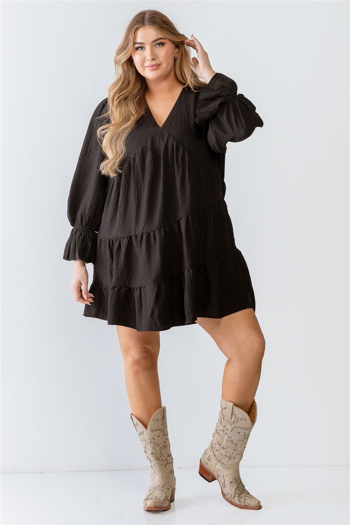 Black Textured Flare Hem Long Sleeve Mini Dress - Size 2 X