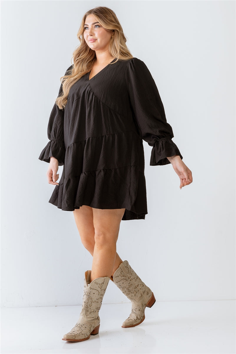 Black Textured Flare Hem Long Sleeve Mini Dress - Size 2 X