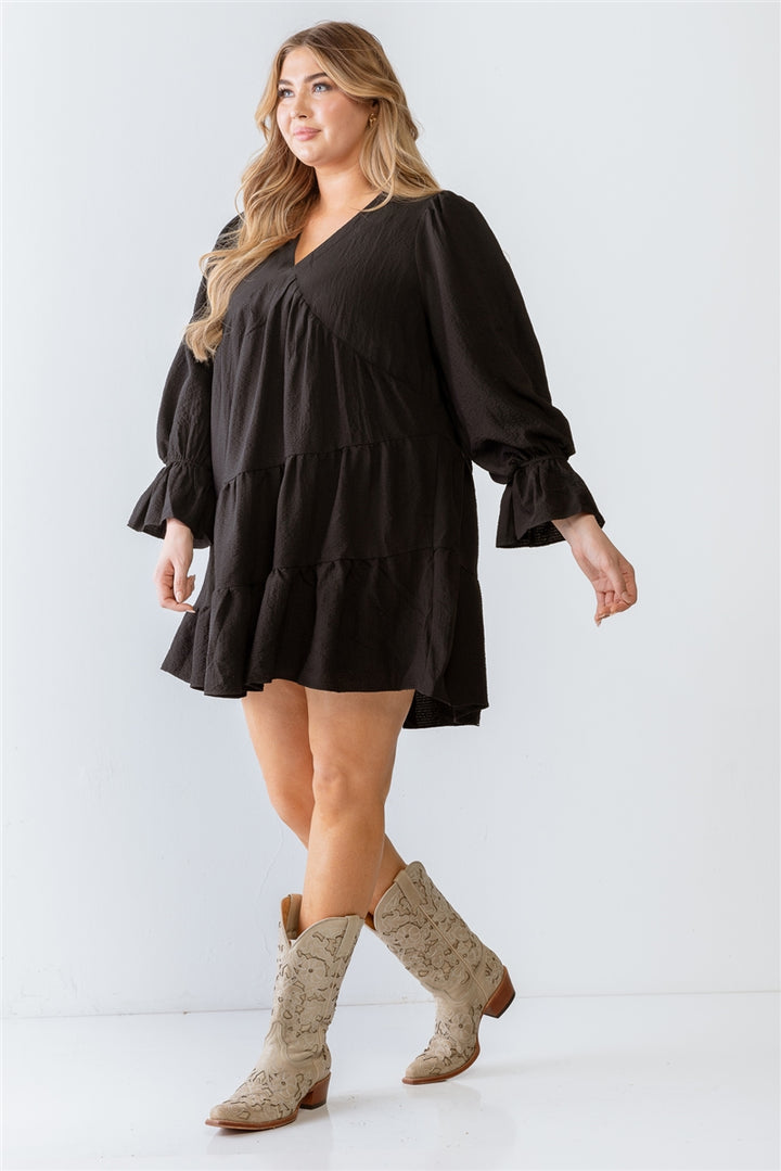 Black Textured Flare Hem Long Sleeve Mini Dress - Size 2 X