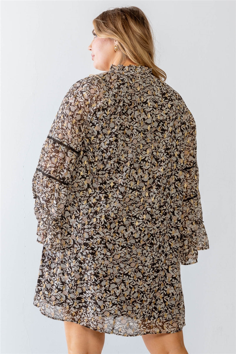 Black Floral & Gold Print Flare Hem Mini Dress - Size 2 X
