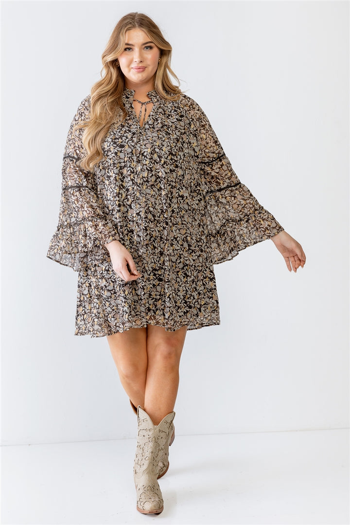 Black Floral & Gold Print Flare Hem Mini Dress - Size 2 X