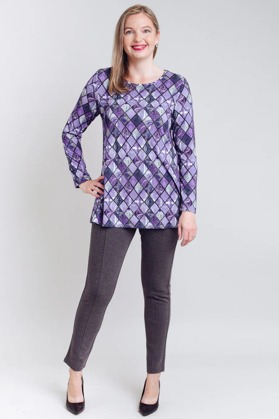 Lovely Bamboo Long Sleeve Tunic - Violet Windowpane