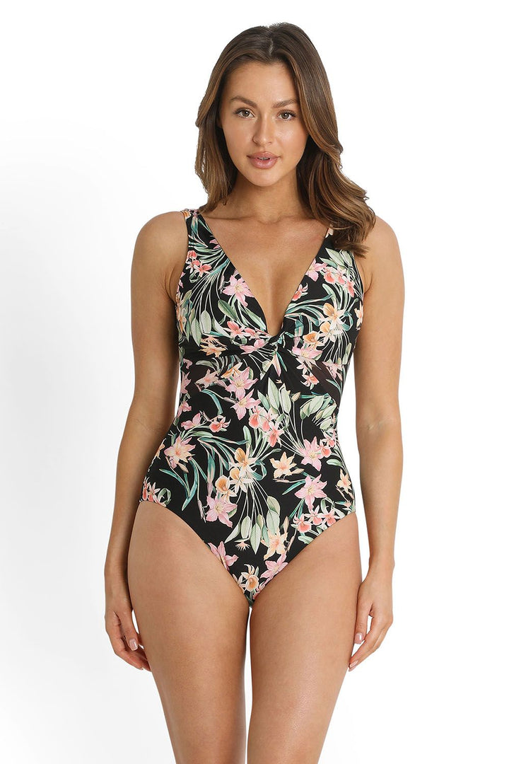 Azura Camellia Gathered Twist Front One Piece - Size 8