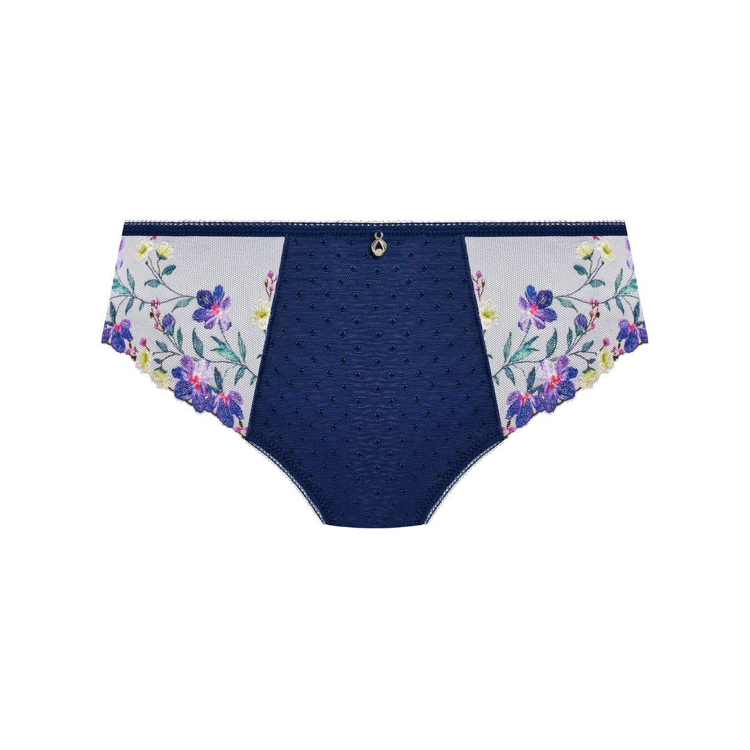 A pair of women's briefs featuring a navy blue textured center panel, white side panels with a purple and yellow floral print, and a small gold ring detail at the center front, shown on a plain white background.