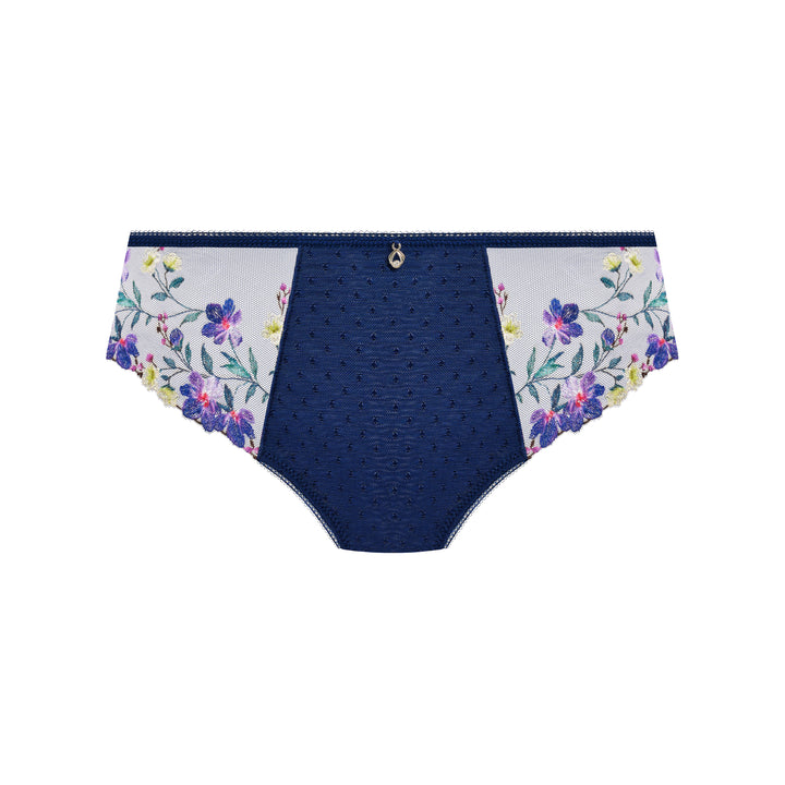 A pair of women's briefs featuring a navy blue textured center panel, white side panels with a purple and yellow floral print, and a small gold ring detail at the center front, shown on a plain white background.