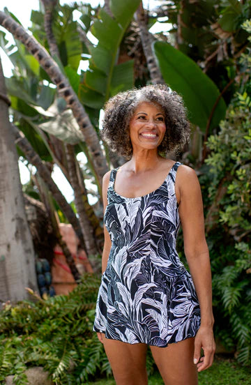 Night Tropics Princess Seam Floral Swim Dress One Piece - Sheer Essentials Lingerie & Swimwear