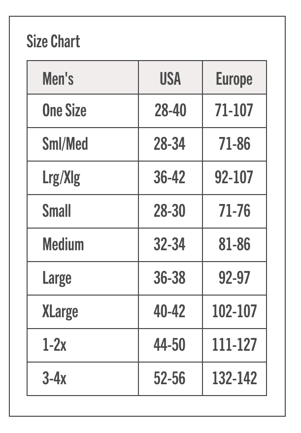 Size chart for  men with measurements in various units.