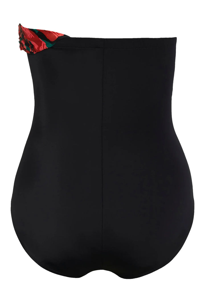 Black high-waisted maternity support belt with a red and green patterned fabric waistband, shown from the back on a white background.