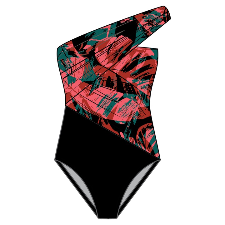 A one-shoulder swimsuit with a bold abstract pattern on the upper bodice and a solid black lower section, shown on a plain white background.