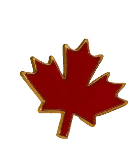 A red maple leaf shaped pin with a gold metal border, resting on a textured beige fabric background.