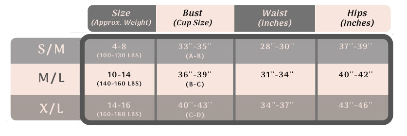 Size chart for clothing with measurements in inches and approximate weight.