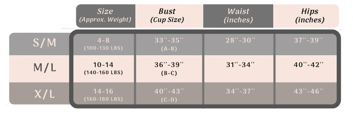 Size chart for clothing with measurements in inches and approximate weight.