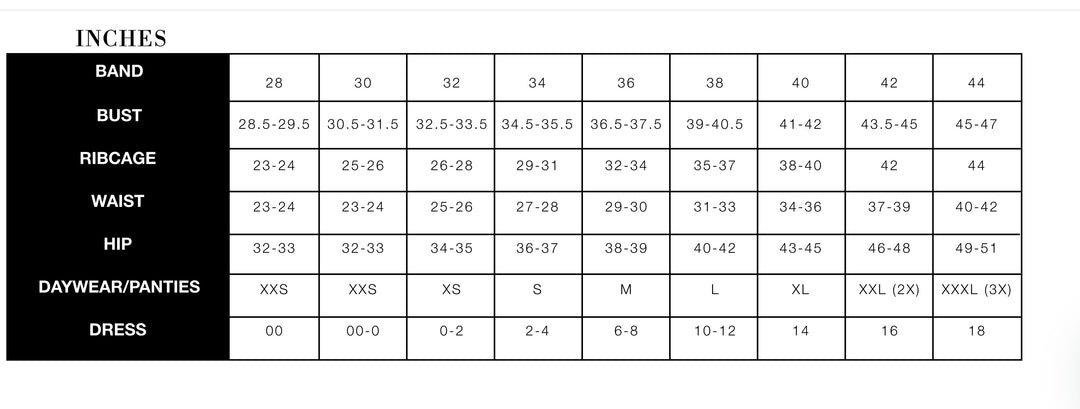 Measurement chart for clothing sizes in inches