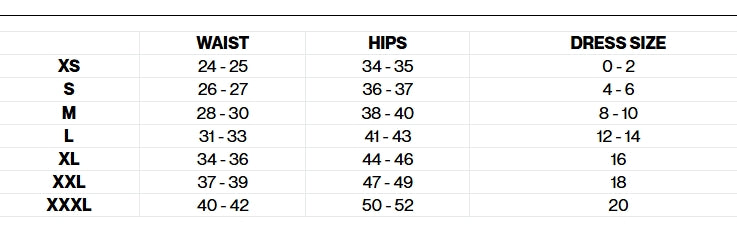 Size chart for waist, hips, and dress size on a white background