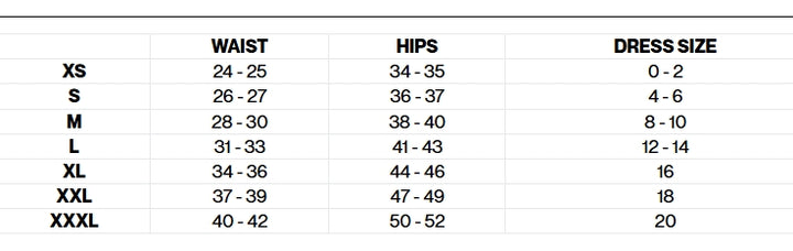 Size chart for waist, hips, and dress size on a white background