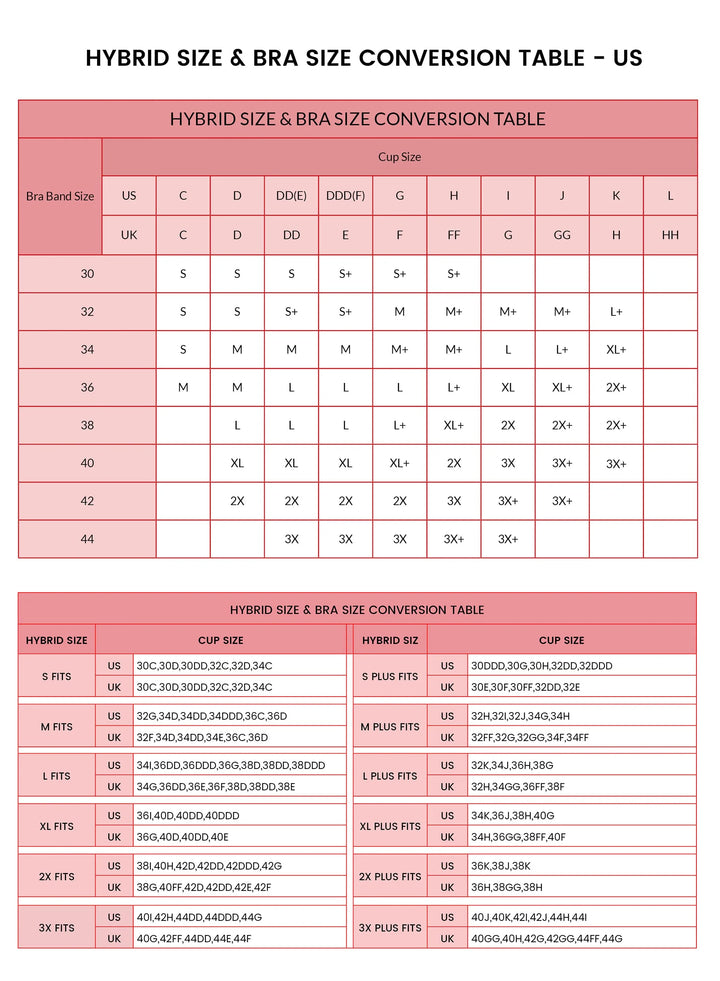 Hybrid size and bra size conversion table for US measurements on a pink background