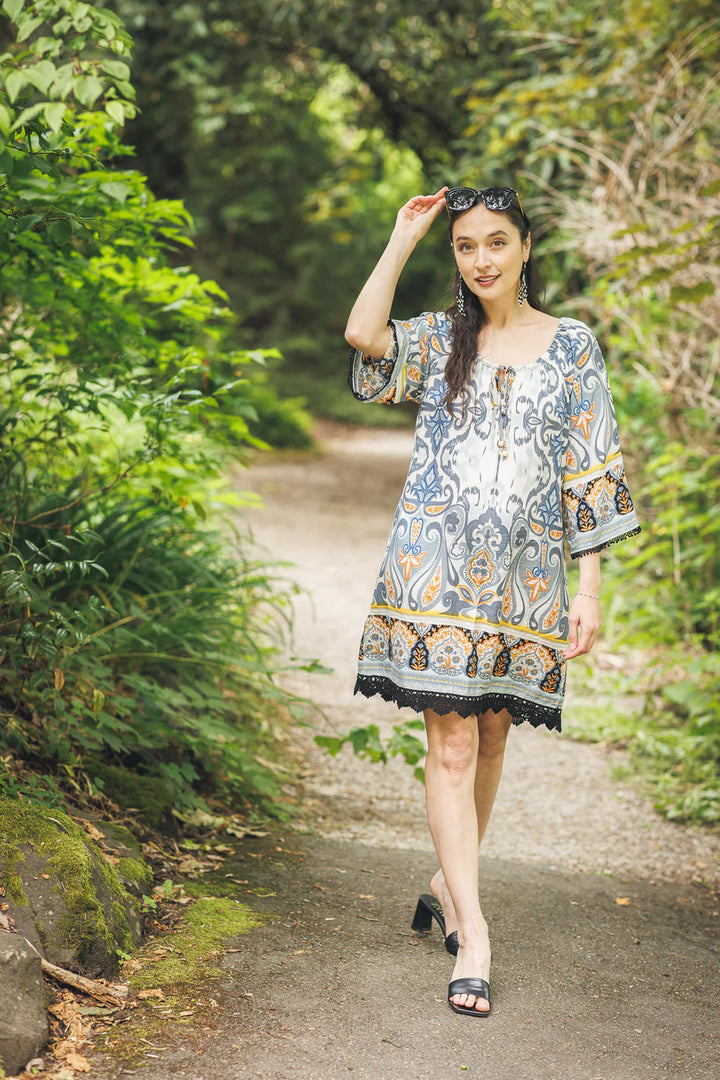 Global Border Print Off-the-Shoulder Dress