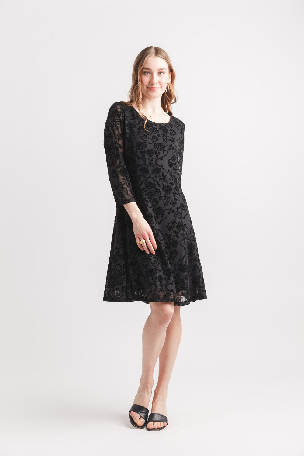 Velvet 3/4 Sleeve Flocked Floral Dress Sheer Essentials Lingerie & Swimwear Velvet 3/4 Sleeve Flocked Floral Dress Sheer Essentials Lingerie & Swimwear