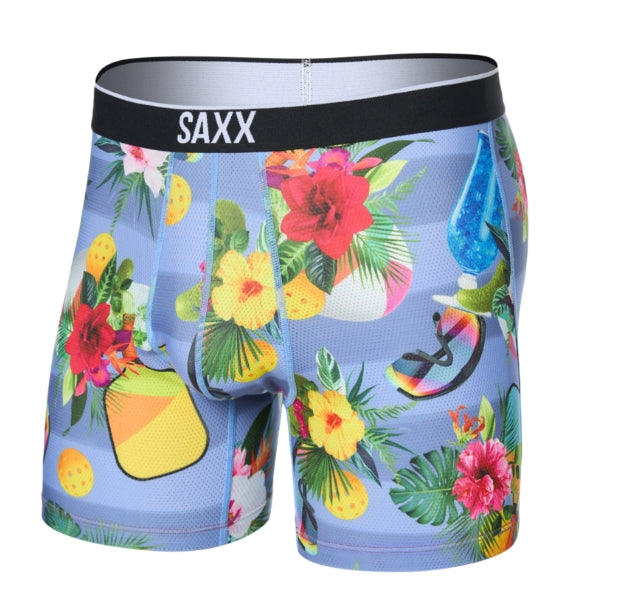 Colorful tropical-themed boxer briefs with SAXX branding on a white background