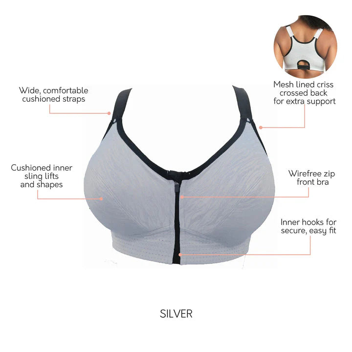 Wave Front Closure Wireless Sports Bra - Silver