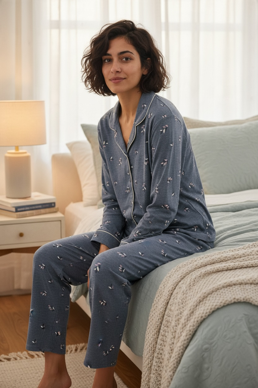 Leaves Pajama Set  - Navy