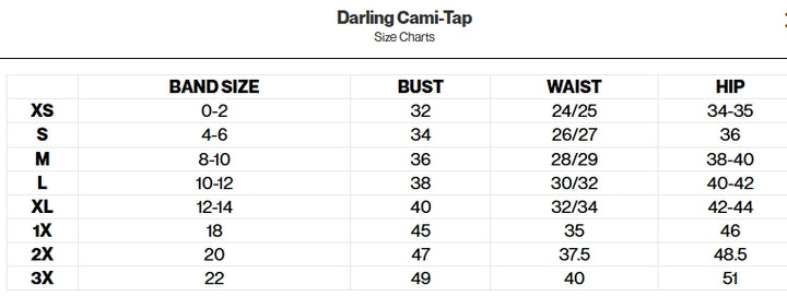 Size chart for Darling Cami-Tap with band size, bust, waist, and hip measurements.