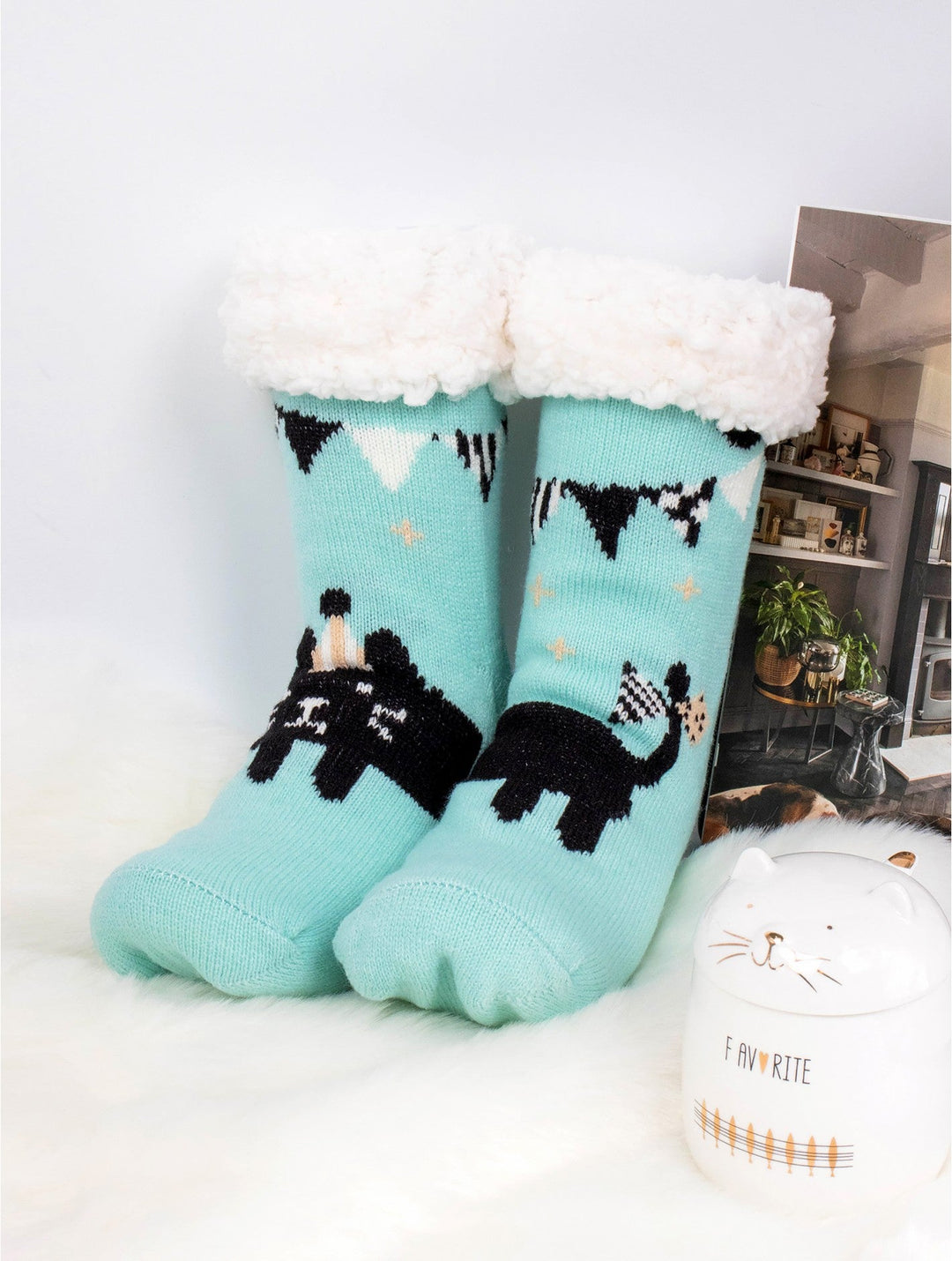 Indoor Anti-Slippery Slipper Socks w/ Party Cat Design