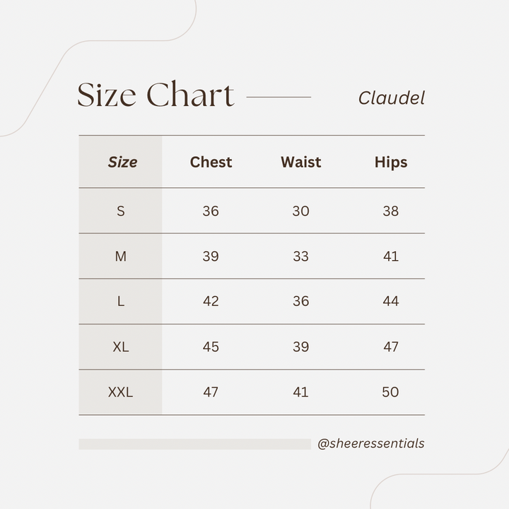 A size chart graphic for Claudel by Sheer Essentials, displaying a table with sizes S through XXL and measurements for chest, waist, and hips on a light gray background.
