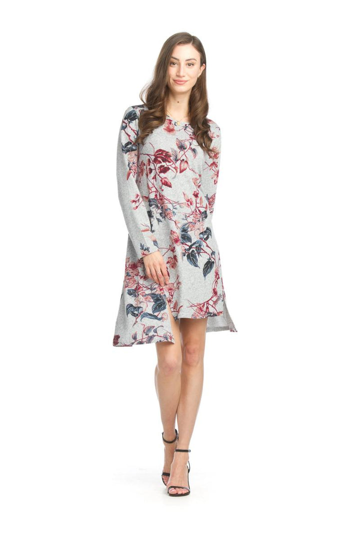 Floral Aline Sweater Dress with Pockets and Step Hem