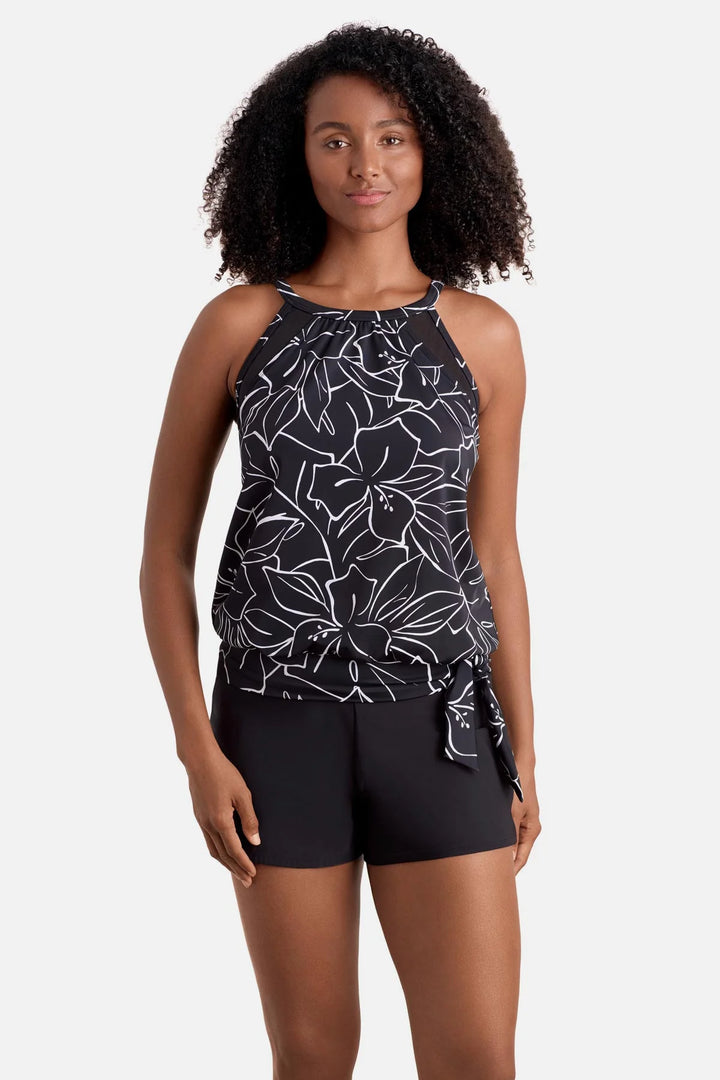 High Neck Blouson Top W/ Mesh Inserts - Floraline
