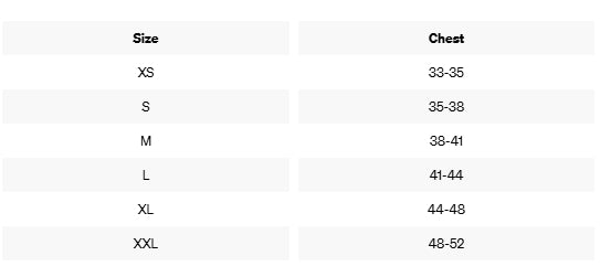 Size chart for clothing with chest measurements in centimeters