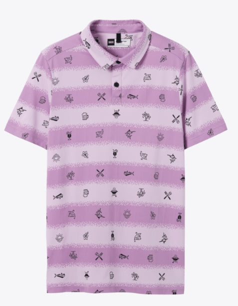 A short-sleeve polo shirt with horizontal lavender and light pink stripes, featuring a black and white nautical-themed print of fish, anchors, and boats, displayed on a clean white background.