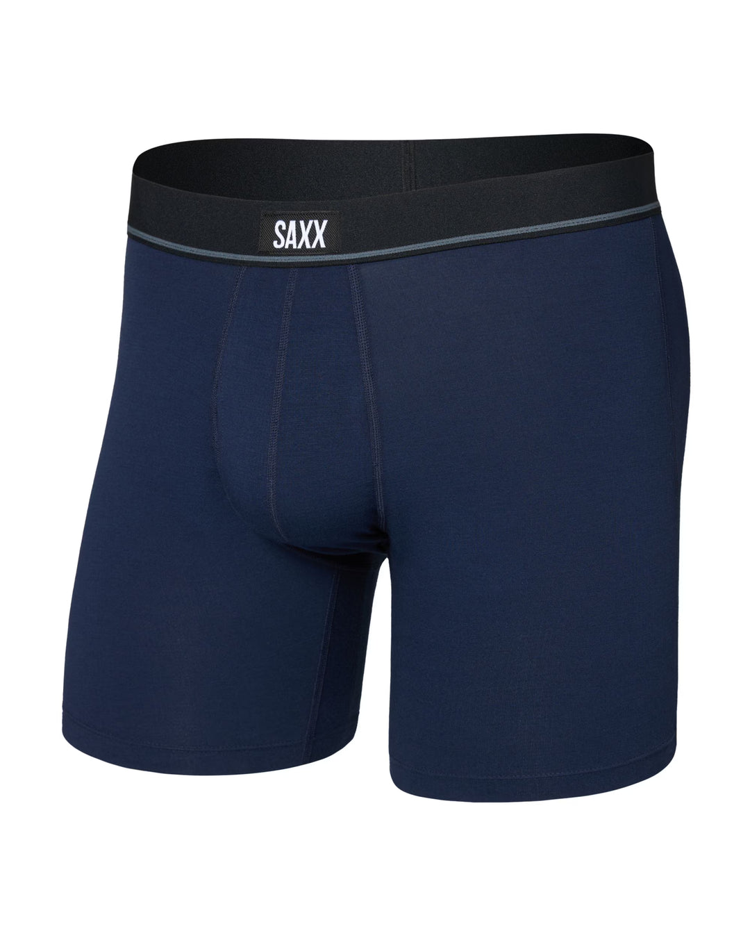 Navy blue boxer briefs with black waistband featuring 'SAXX' branding on a white background.