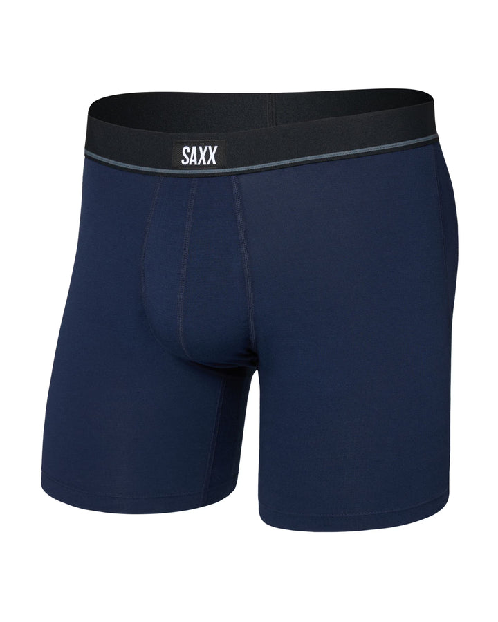 Navy blue boxer briefs with black waistband featuring 'SAXX' branding on a white background.