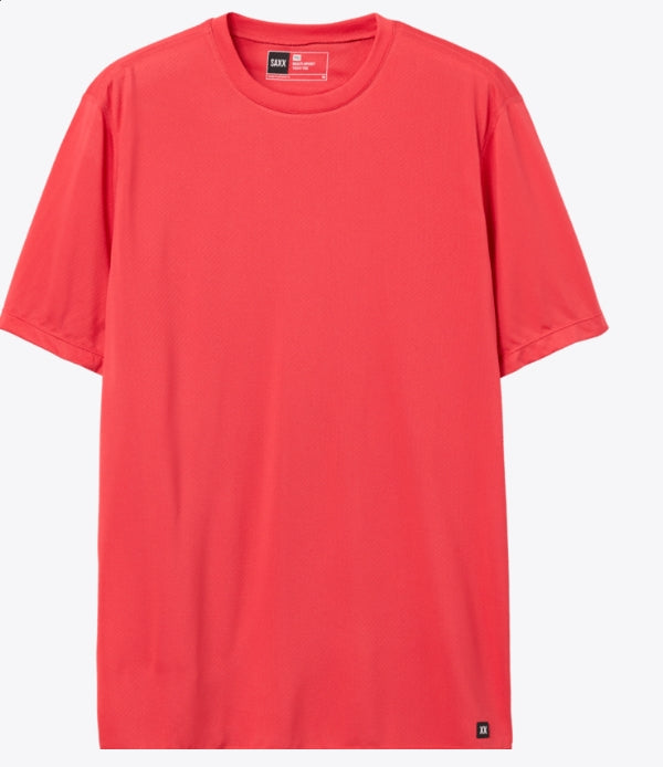 A bright coral red short-sleeve crewneck t-shirt by Uniqlo, shown flat against a light gray background.