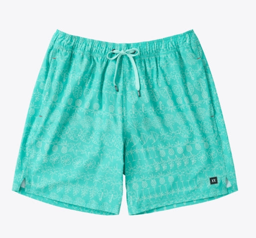 Mint green patterned swim trunks with a white tropical print and a matching drawstring, shown on a light gray background.
