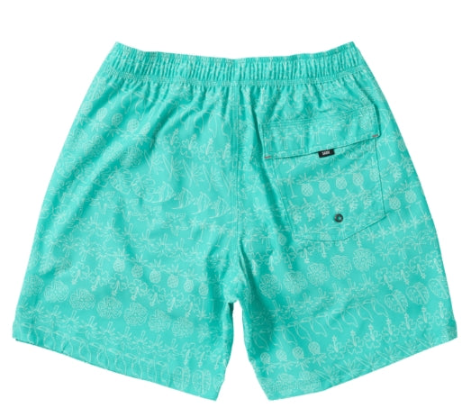 Turquoise patterned swim shorts with an elastic waistband and a side pocket, shown flat on a white background.