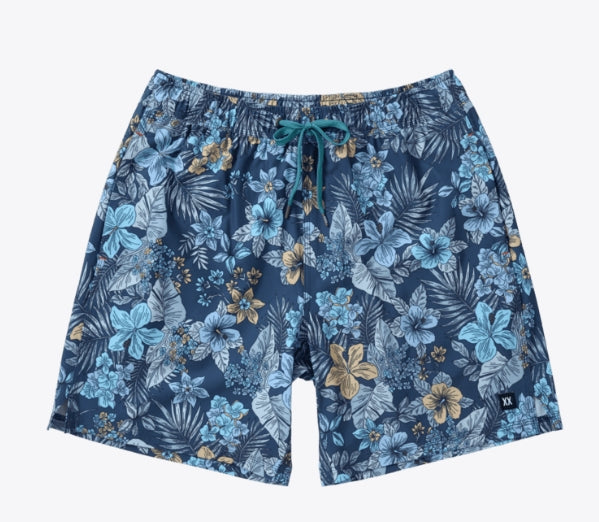 A pair of men's swim trunks featuring a tropical floral and leaf pattern in navy blue, light blue, and beige, with a teal drawstring at the elastic waistband.