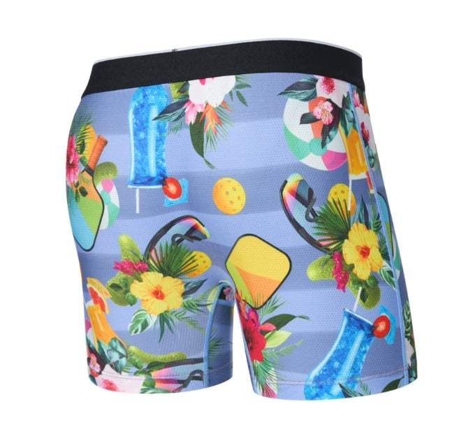 Colorful tropical-themed boxer briefs on a white background
