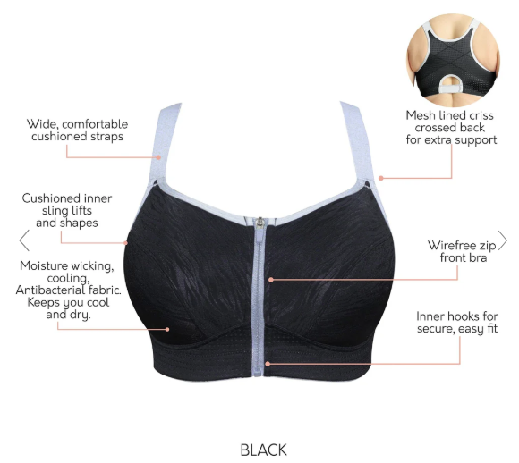 Wave Front Closure Wireless Sports Bra - Black