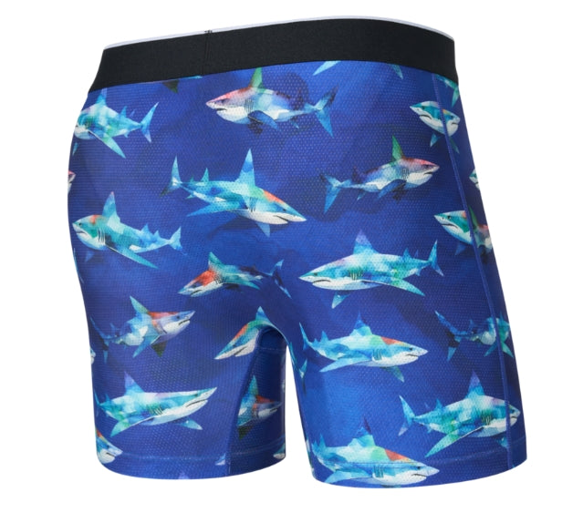 Blue boxer briefs with shark pattern on a white background