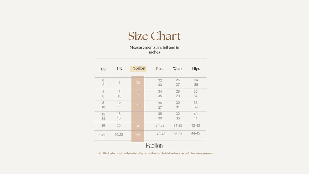 Size chart for Papillon products with measurements in inches, centimeters, and grams.