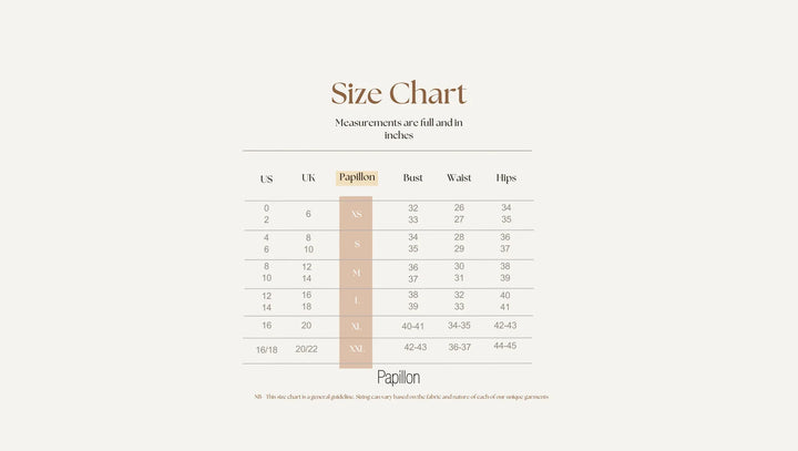 Size chart for Papillon products with measurements in inches, centimeters, and grams.