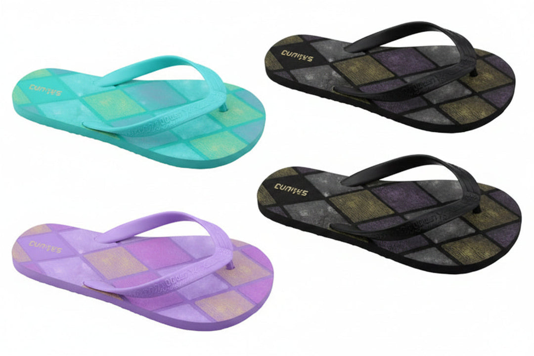 Colorful flip-flops with strap on a white background