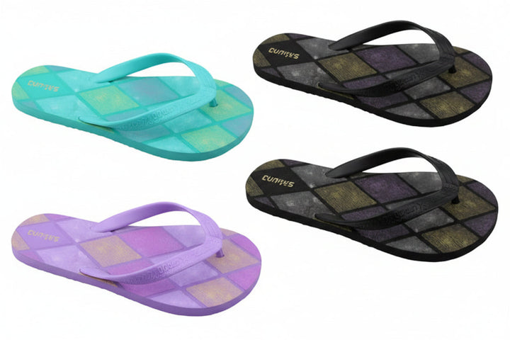 Colorful flip-flops with strap on a white background