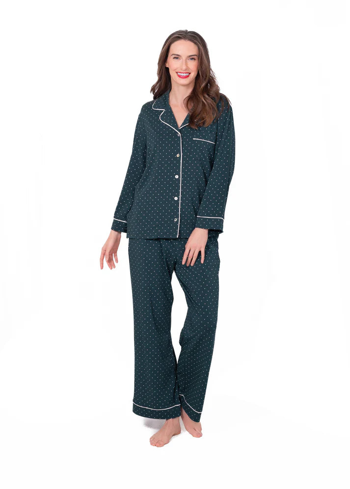 Long Sleeve Notch Collar Pajama Gift Set - Green Dots